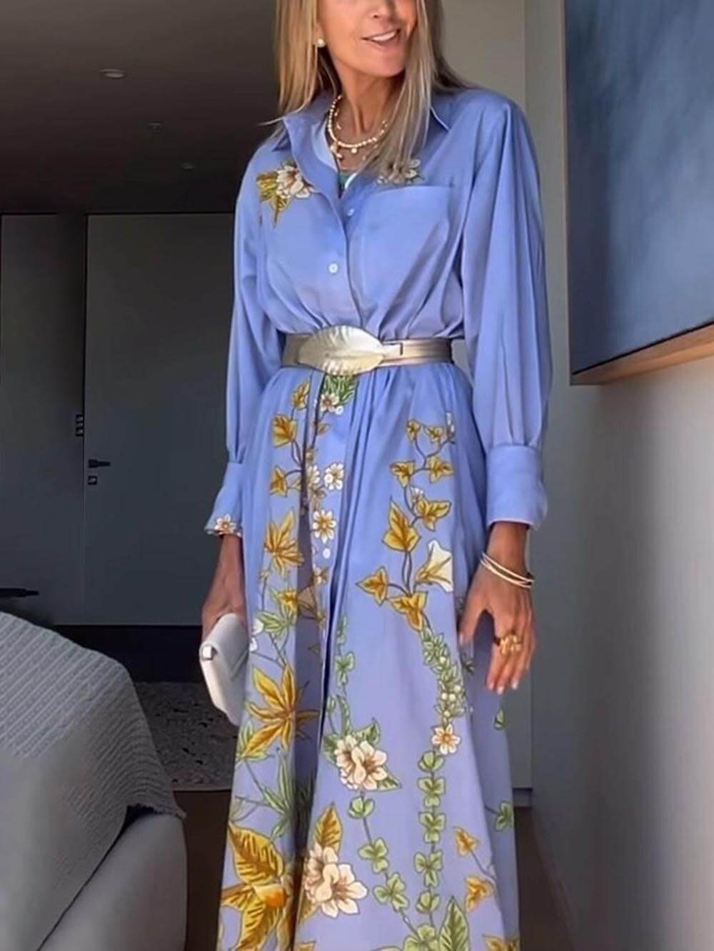Unique Floral Print Long Sleeve Pocket A-line Shirt Maxi Dress-CALLISTARI