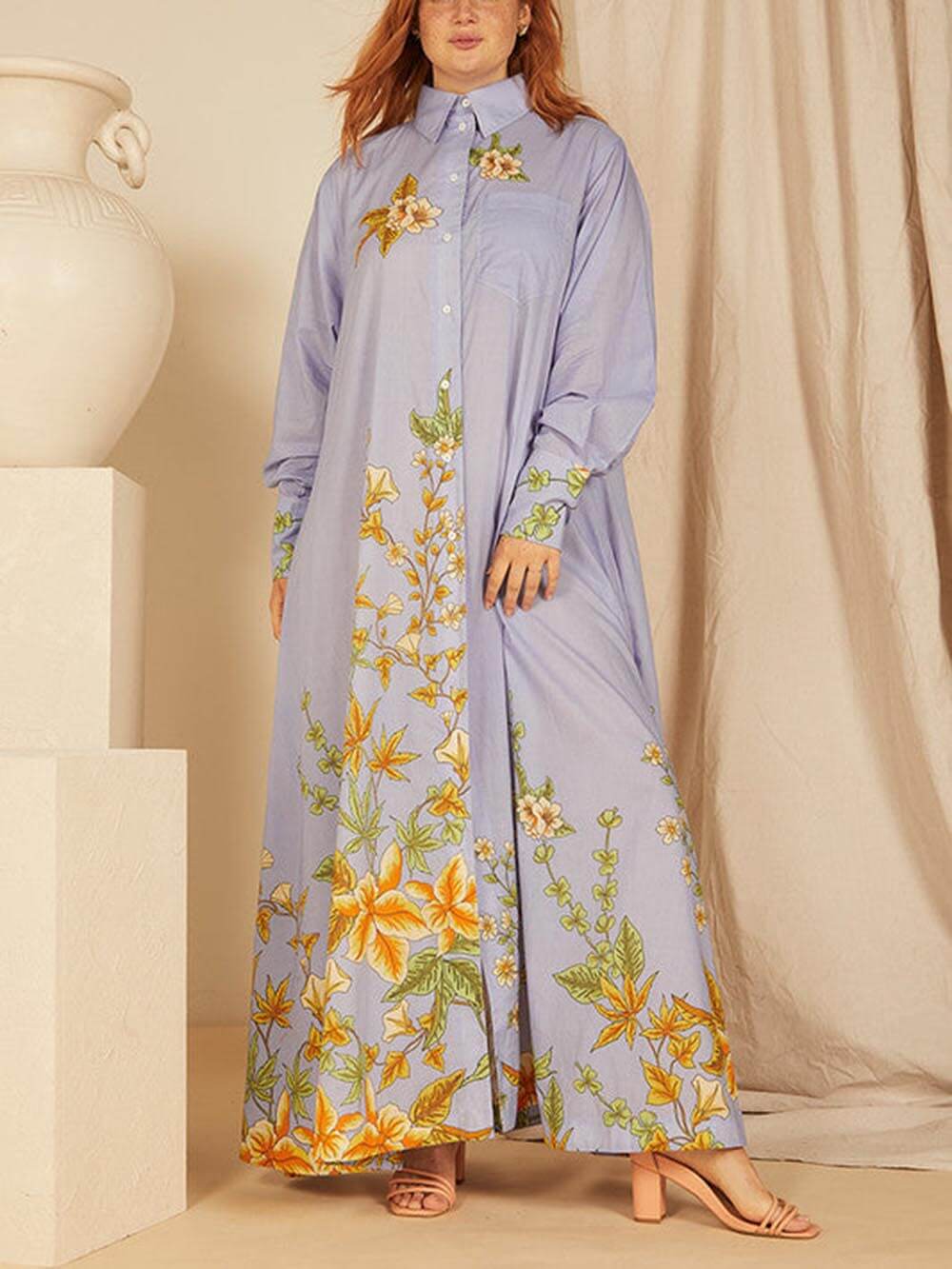 Unique Floral Print Long Sleeve Pocket A-line Shirt Maxi Dress-CALLISTARI