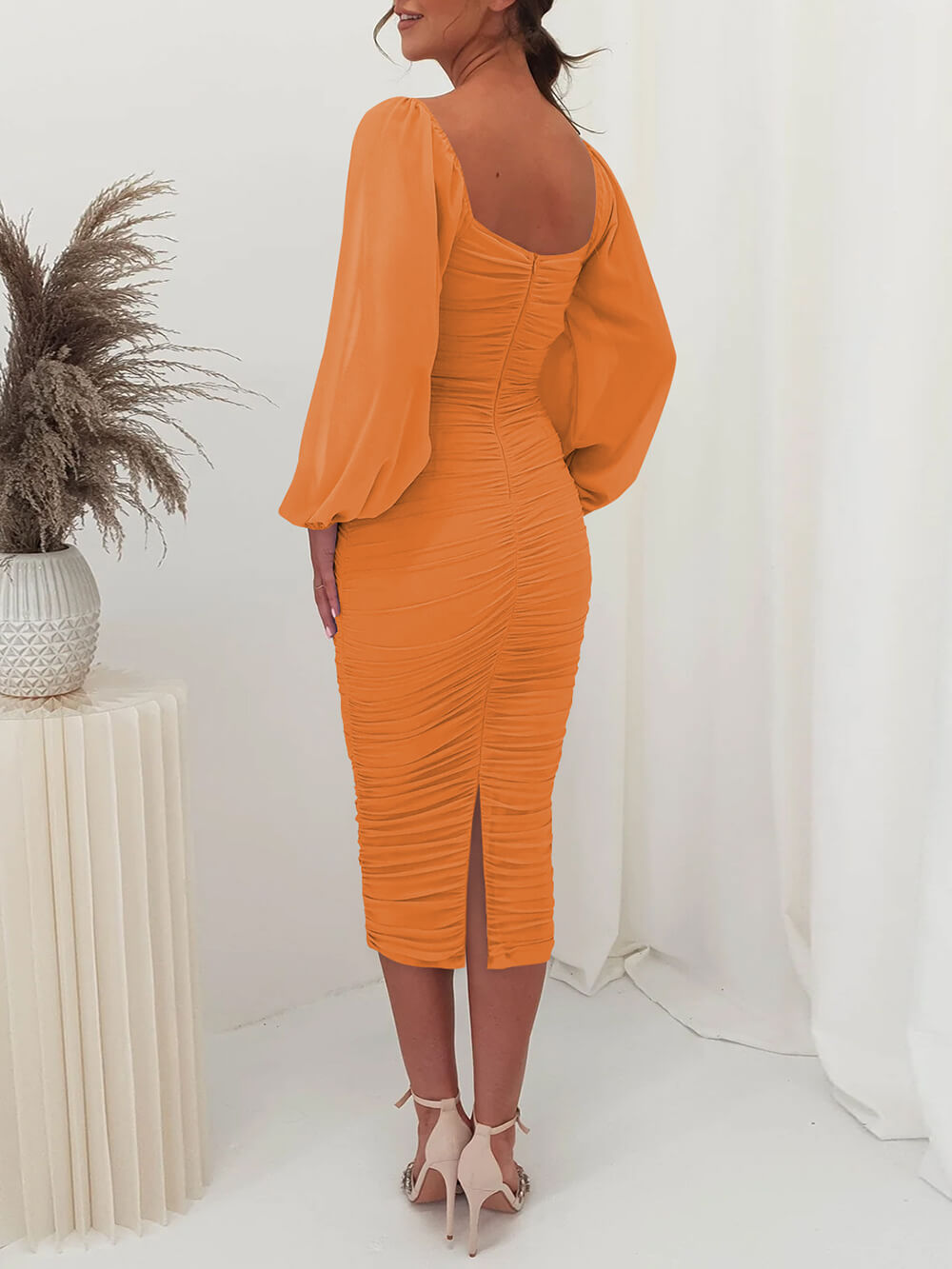 Mesh Pleated Long-Sleeve Midi Dress-CALLISTARI