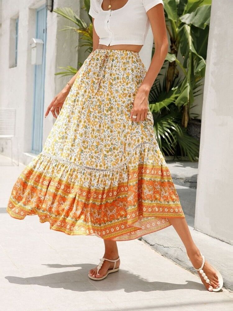 Magnolia Bohemian Floral Print Tiered Skirt-CALLISTARI
