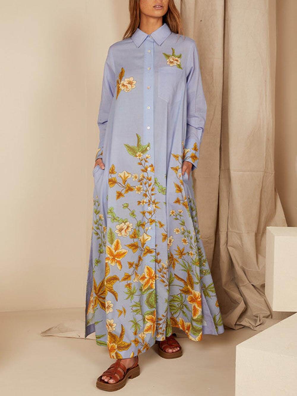 Unique Floral Print Long Sleeve Pocket A-line Shirt Maxi Dress-CALLISTARI