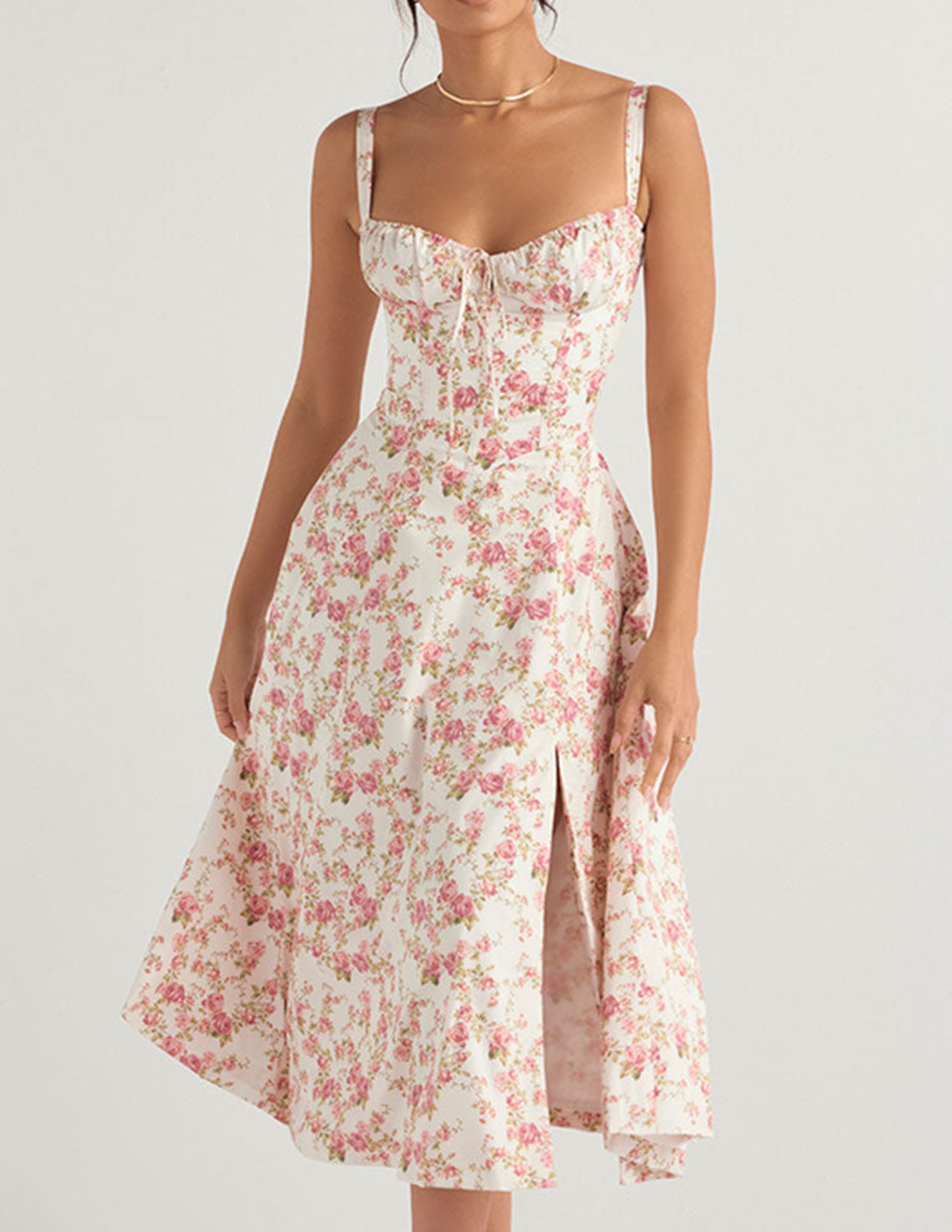 Rose Print Herringbone Slip Dress-CALLISTARI