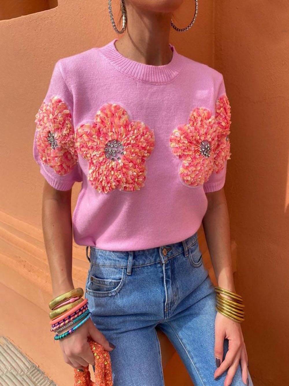 Sweet Contrast Color Flower Round Neck Short Sleeve Sweater-CALLISTARI