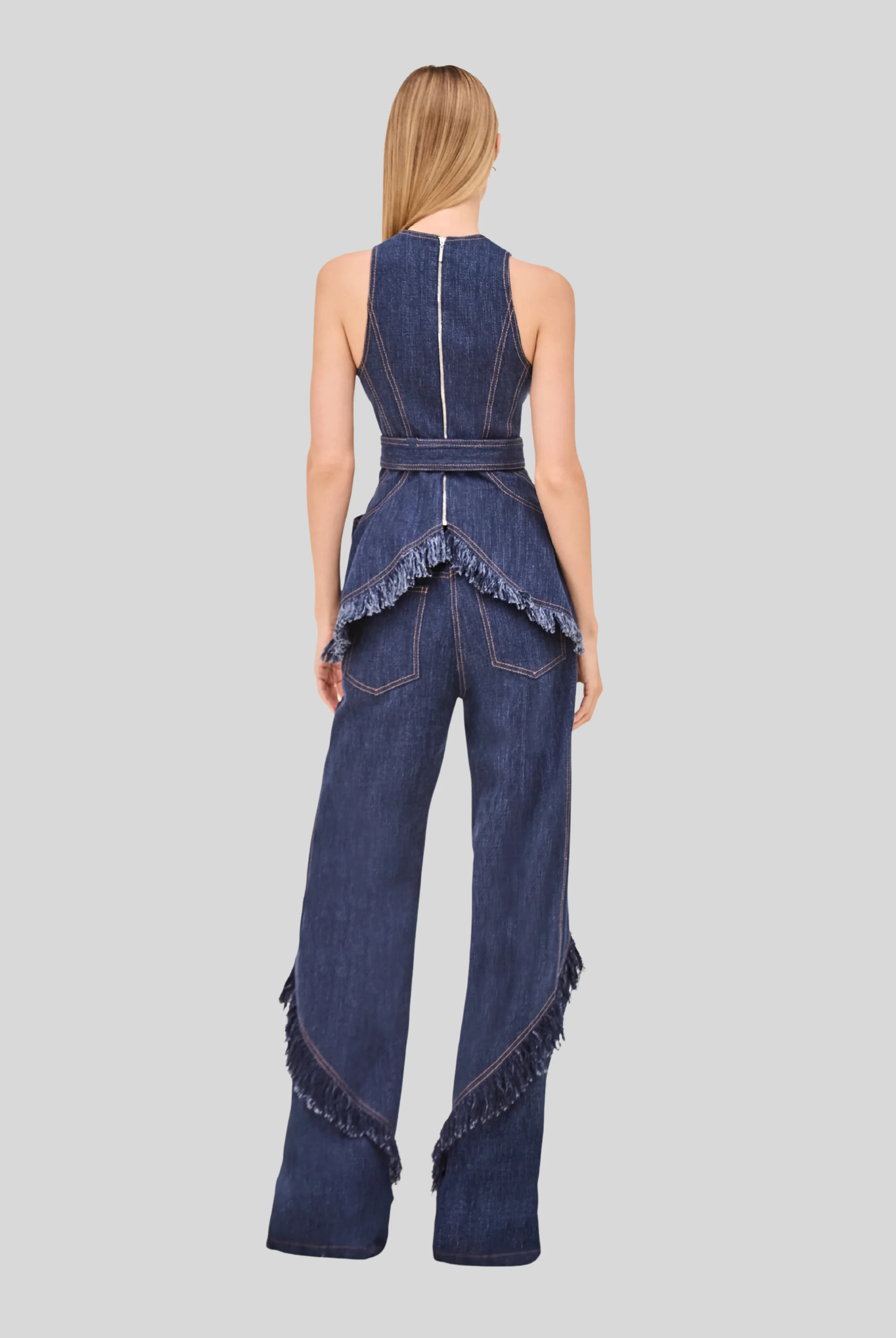 Denim Fringe Peplum Top and Wide - Leg Pants Set