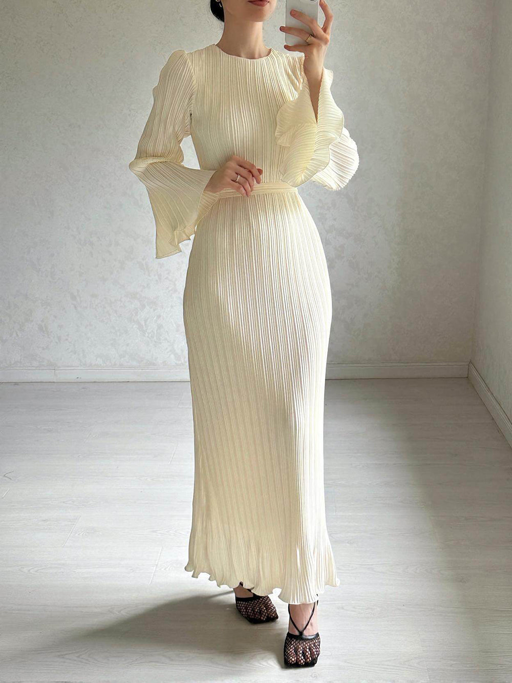 Pleated Bell Sleeve Maxi Dress-CALLISTARI