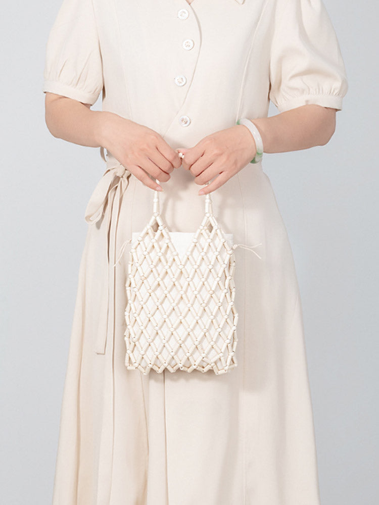 Hollow-Out Wooden Bead Woven Tote Bag-CALLISTARI