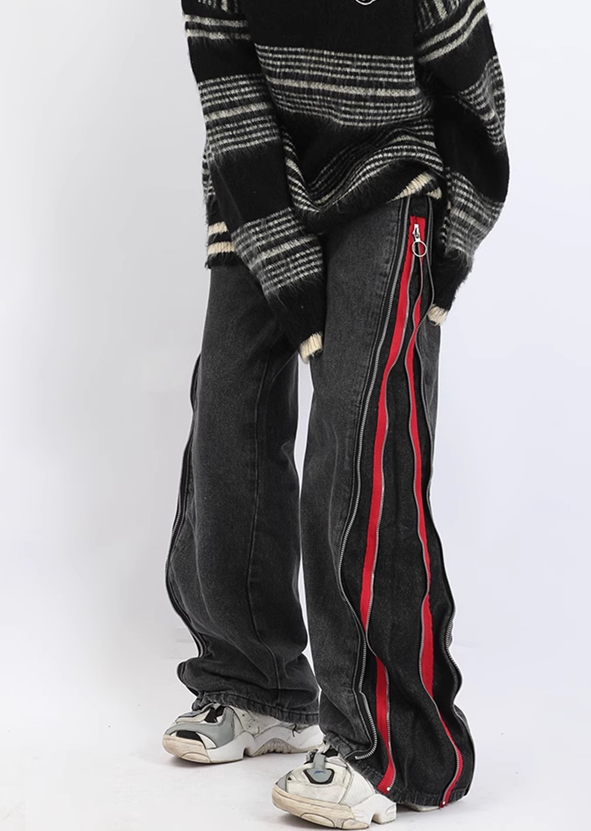 【7/15新作】Red color multiple side line design zipper denim pants  HL3058-CALLISTARI