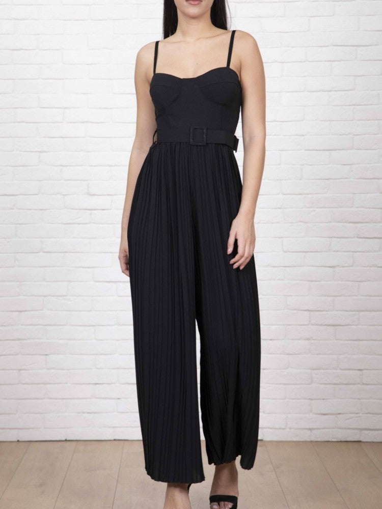 Strappy Jumpsuit With Wide Leg Pleated Detail In Black-CALLISTARI