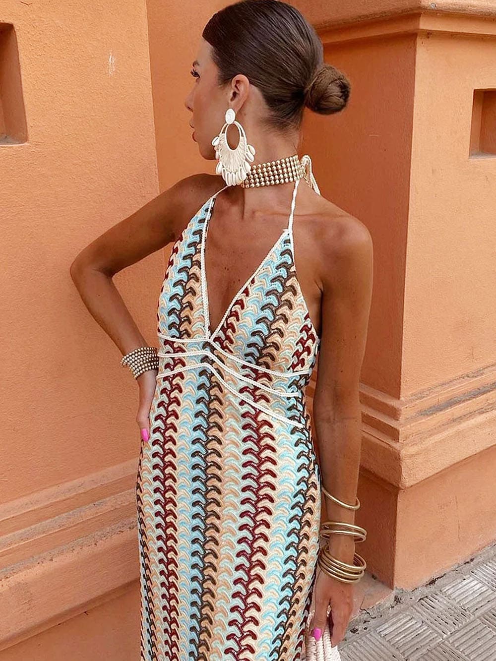 Halter V Neck Backless Boho Pattern Knit Slim-Fit Vacation Maxi Dresses-Beige-CALLISTARI