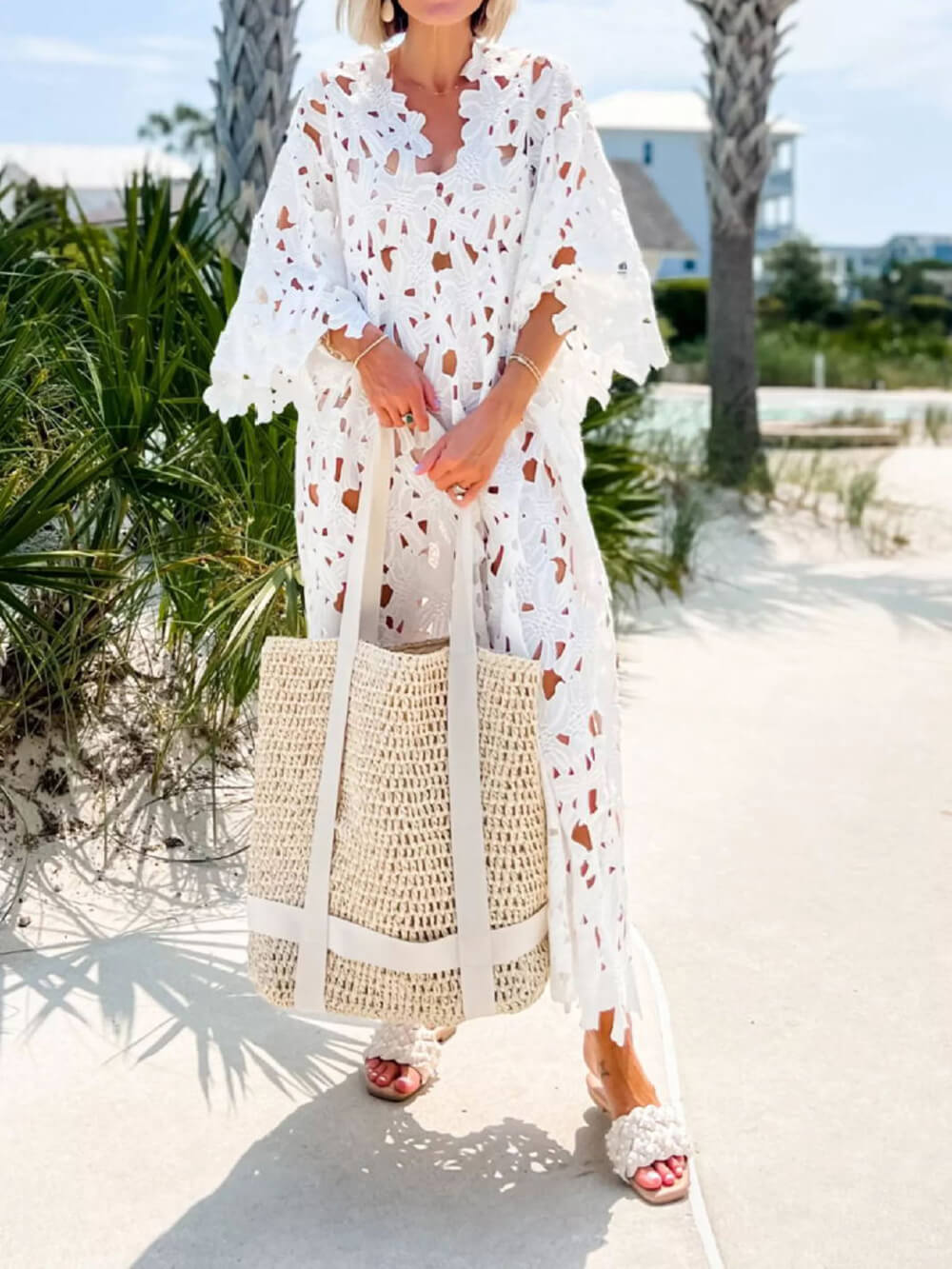 Floral Eyelet Lace Cover Up Beach Midi Dress-CALLISTARI