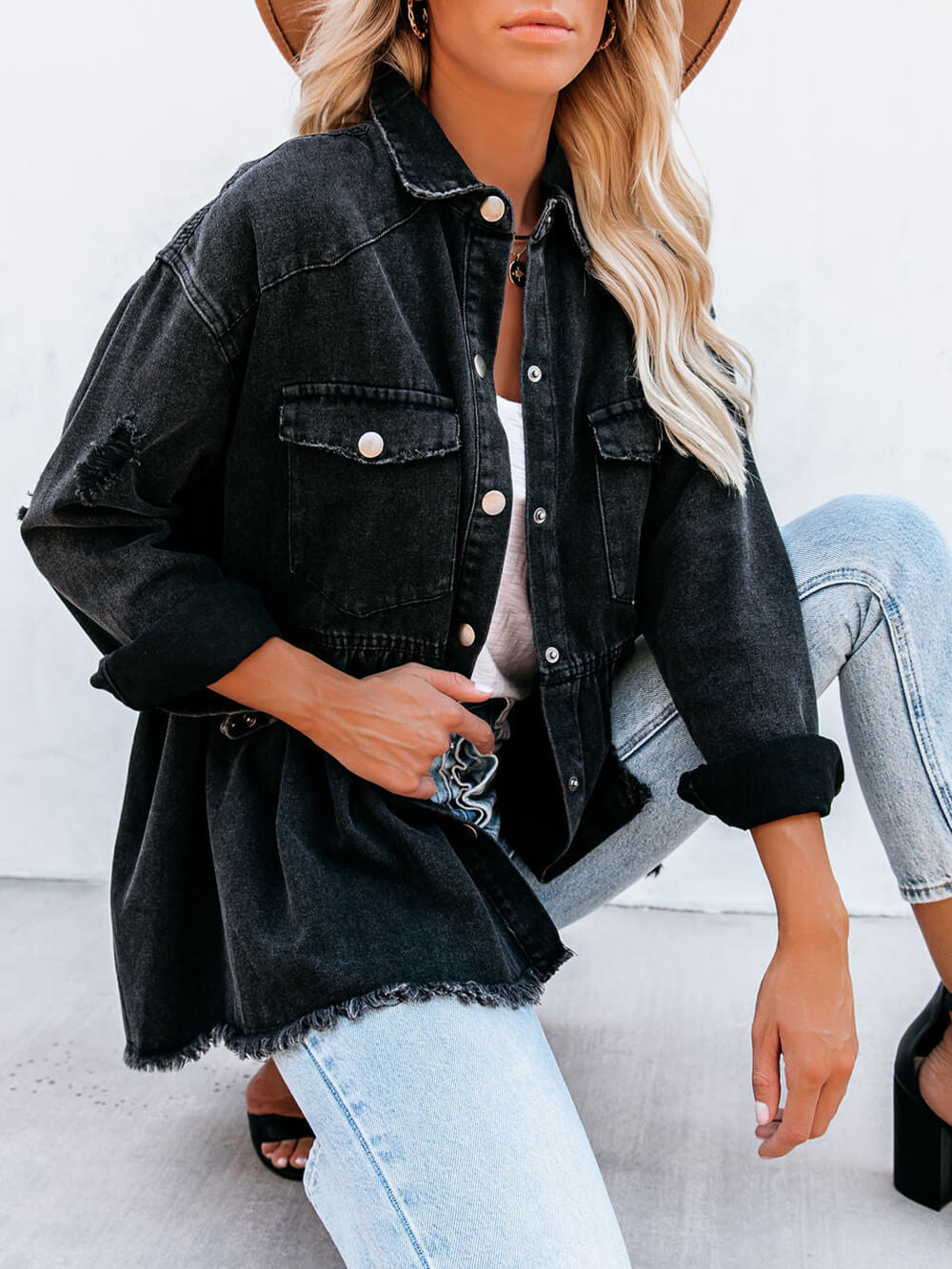 Distressed Denim Button Down Shirt Jacket-CALLISTARI