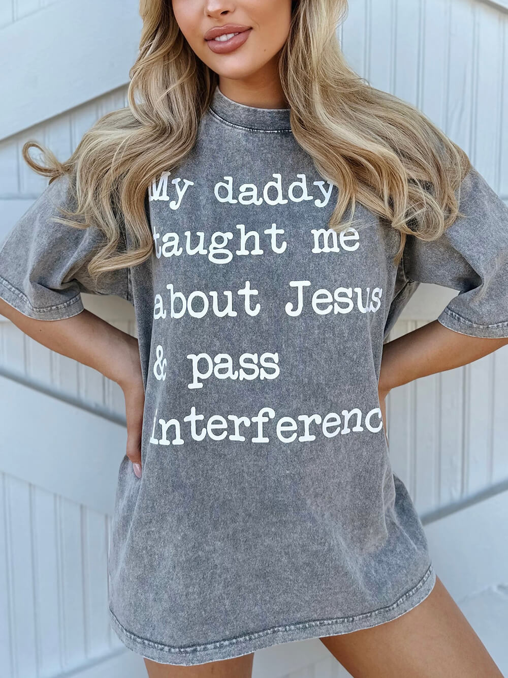 Mineral-Wash My Daddy Taught Me About Jesus & Pass Interference Gray Tee-CALLISTARI