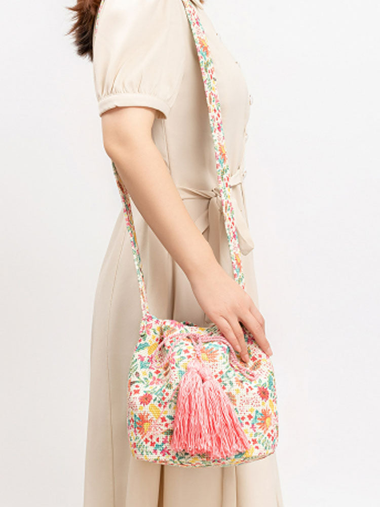 Printed Canvas Crossbody Barrel Bag-CALLISTARI