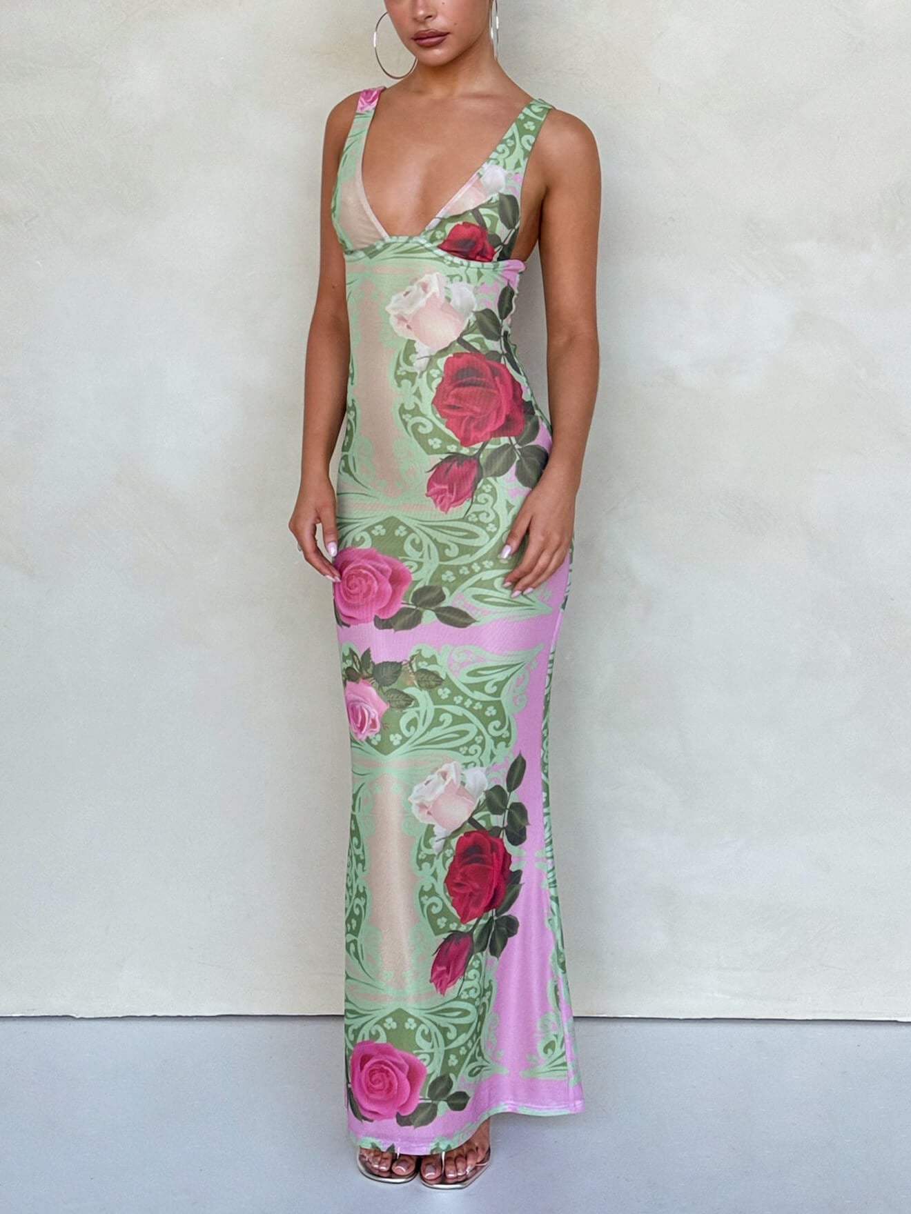 Holiday Style Contrast Rose Print V-neck Maxi Dress-CALLISTARI