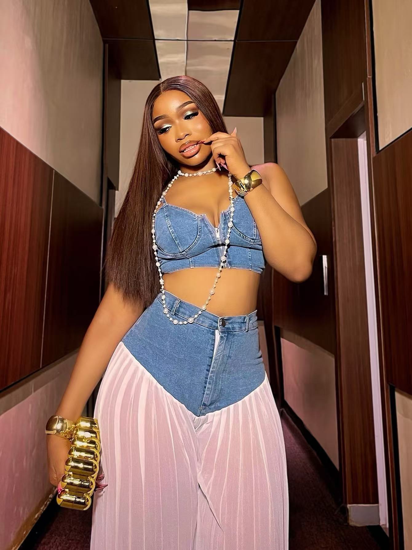 Embellished Denim Set-Trafni