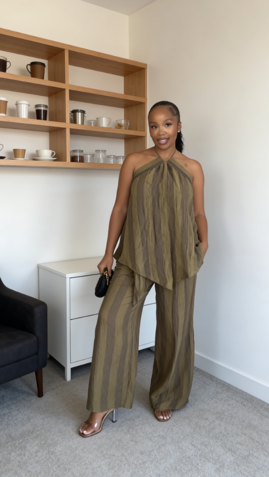 Olive green pleated backless top and wide-leg pants set-Trafni