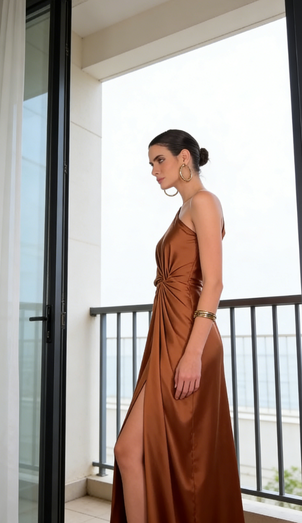 Terracotta-colored one-shoulder pleated maxi dress