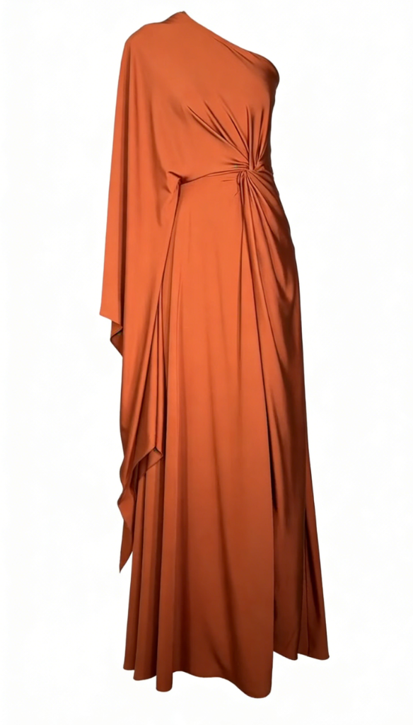 Terracotta-colored one-shoulder pleated maxi dress