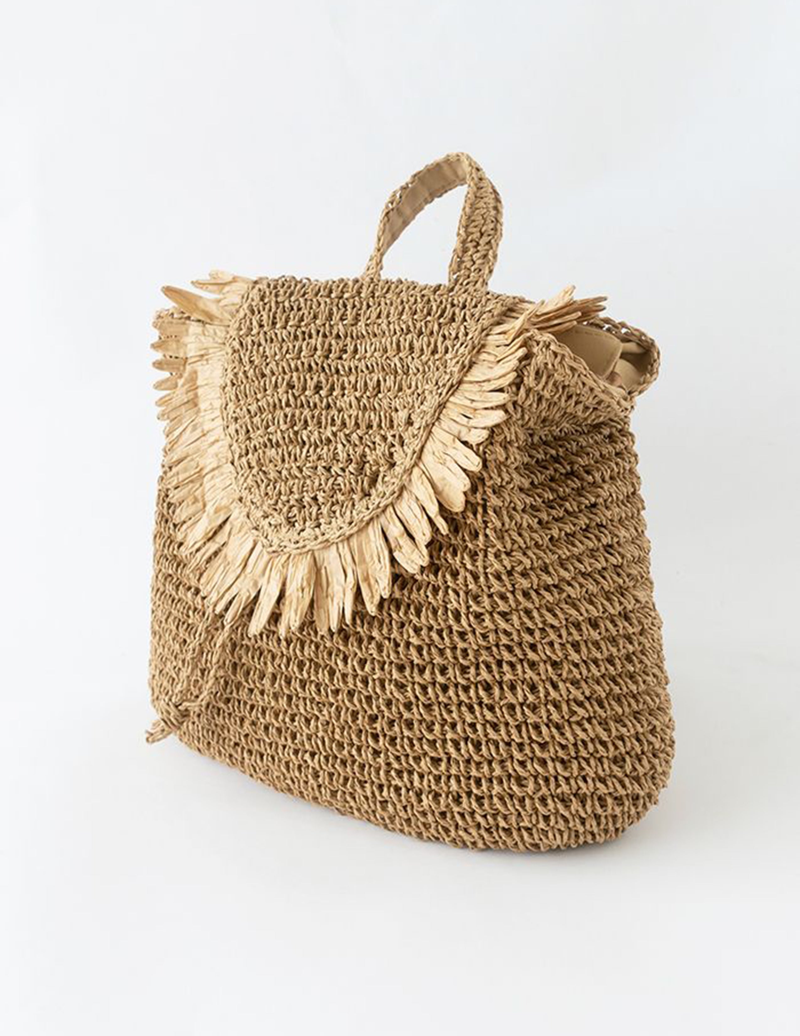 Caramel Fringed Trim Woven Straw Backpack-CALLISTARI