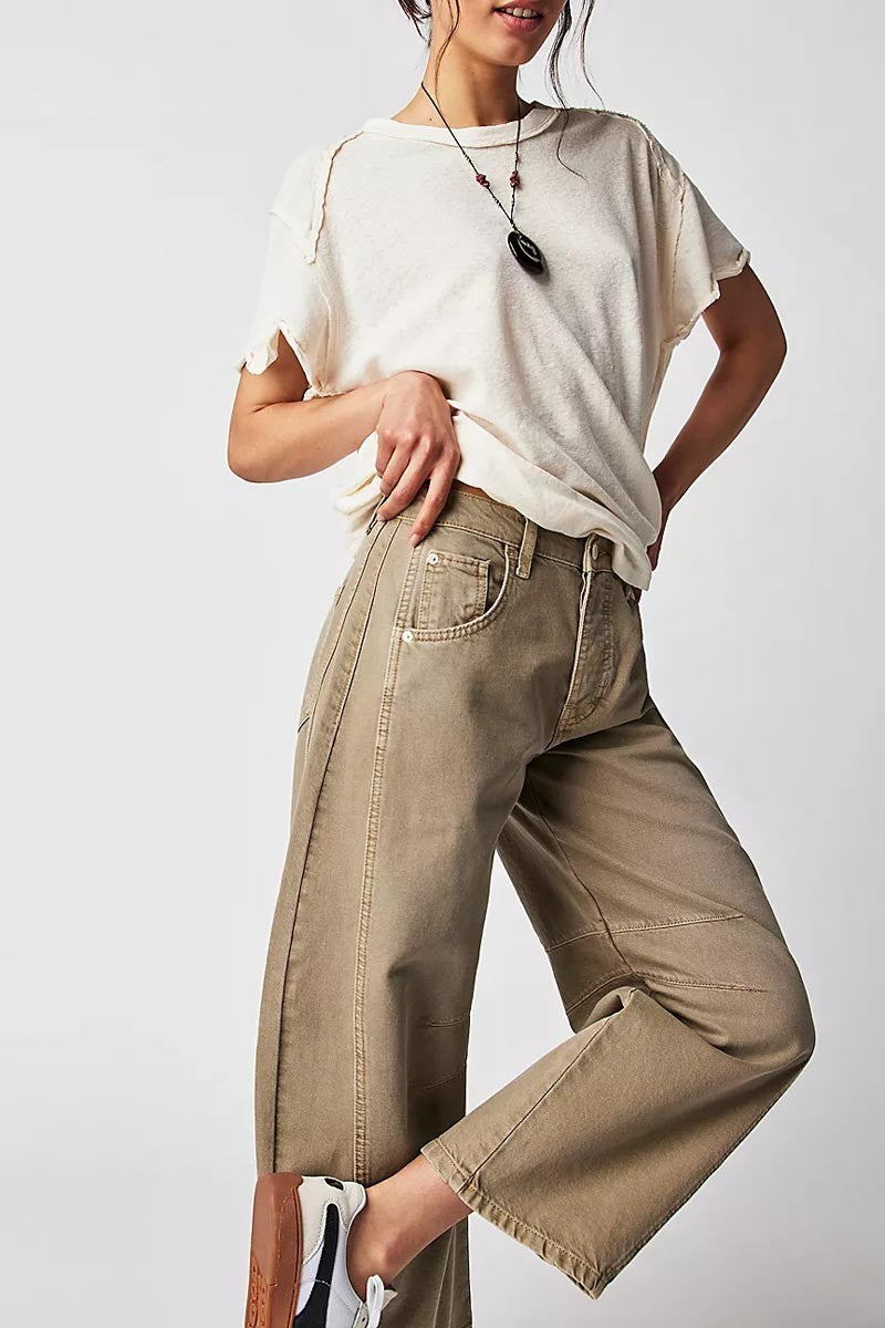 Mid Rise Barrel Jeans - Khaki-Mesadic