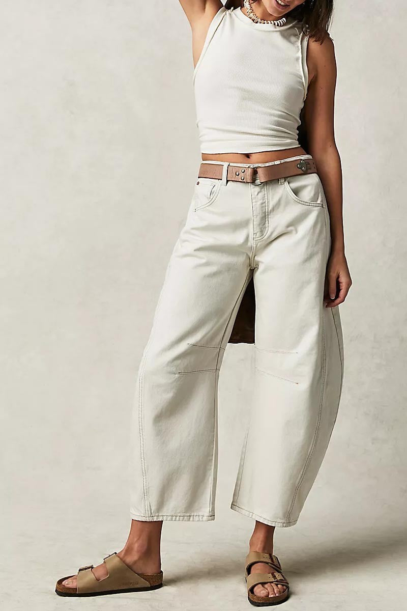 Mid Rise Barrel Jeans - White-Mesadic