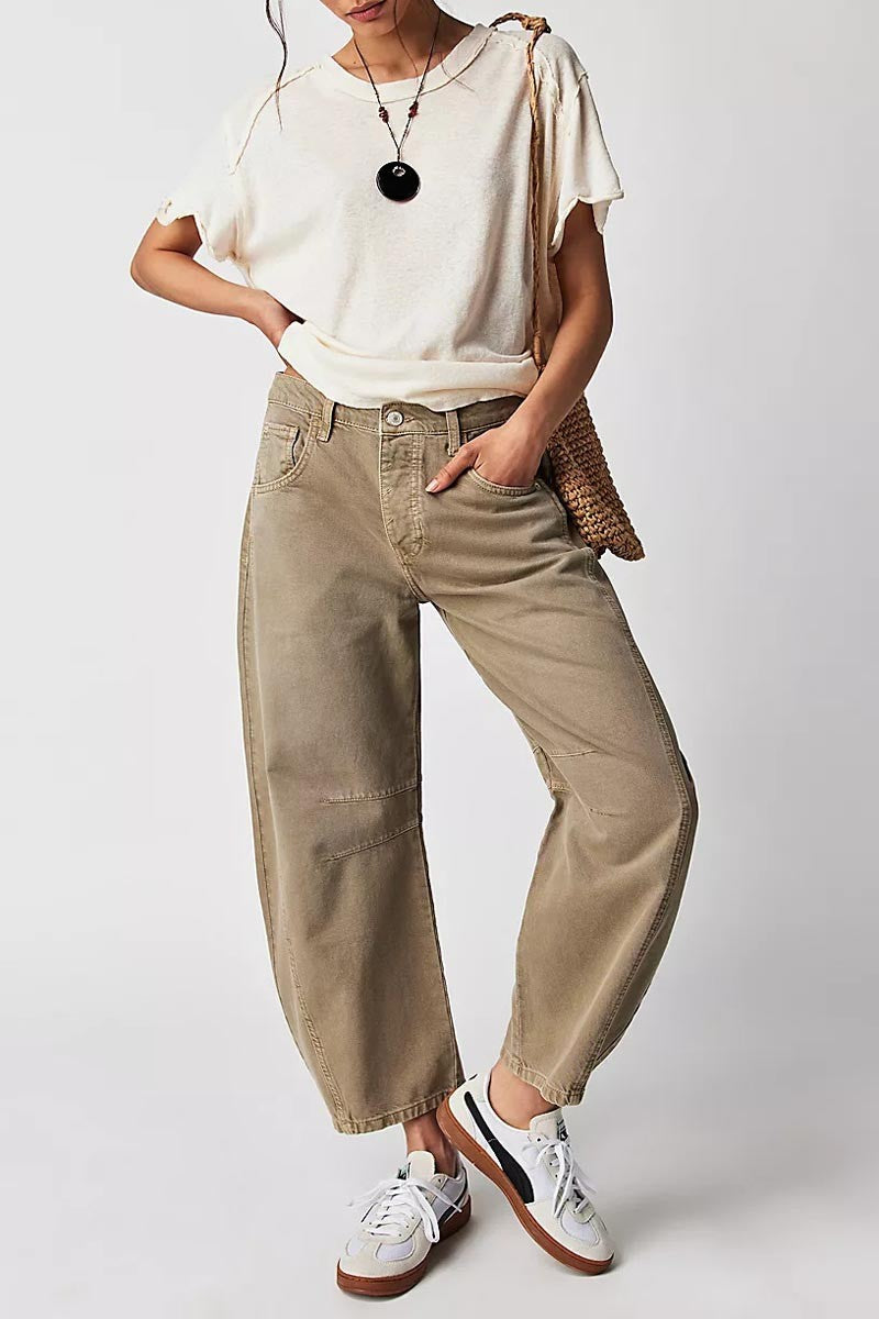 Mid Rise Barrel Jeans - Khaki-Mesadic