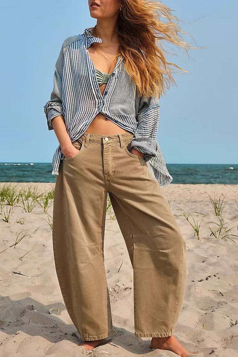 Mid Rise Barrel Jeans - Khaki-Mesadic