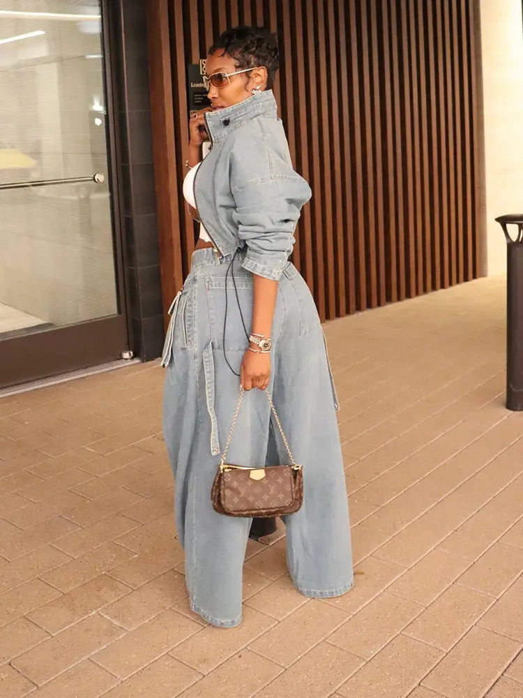 Vintage Wide-Leg Denim Two-Piece-Mesadic