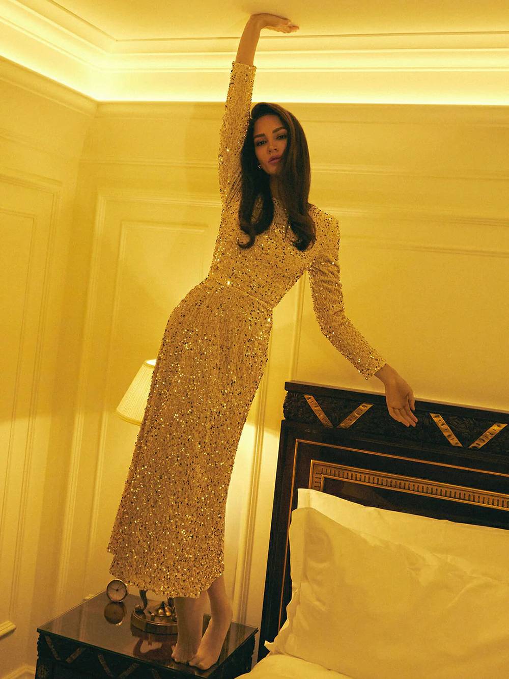 Sequin Decorated Velvet Midi Dress In Beige-CALLISTARI