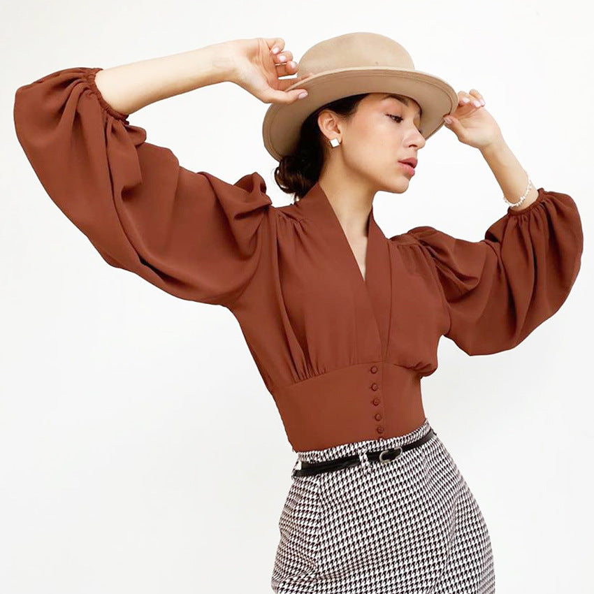 V Neck Puff Long Sleeve Corset Top-CALLISTARI