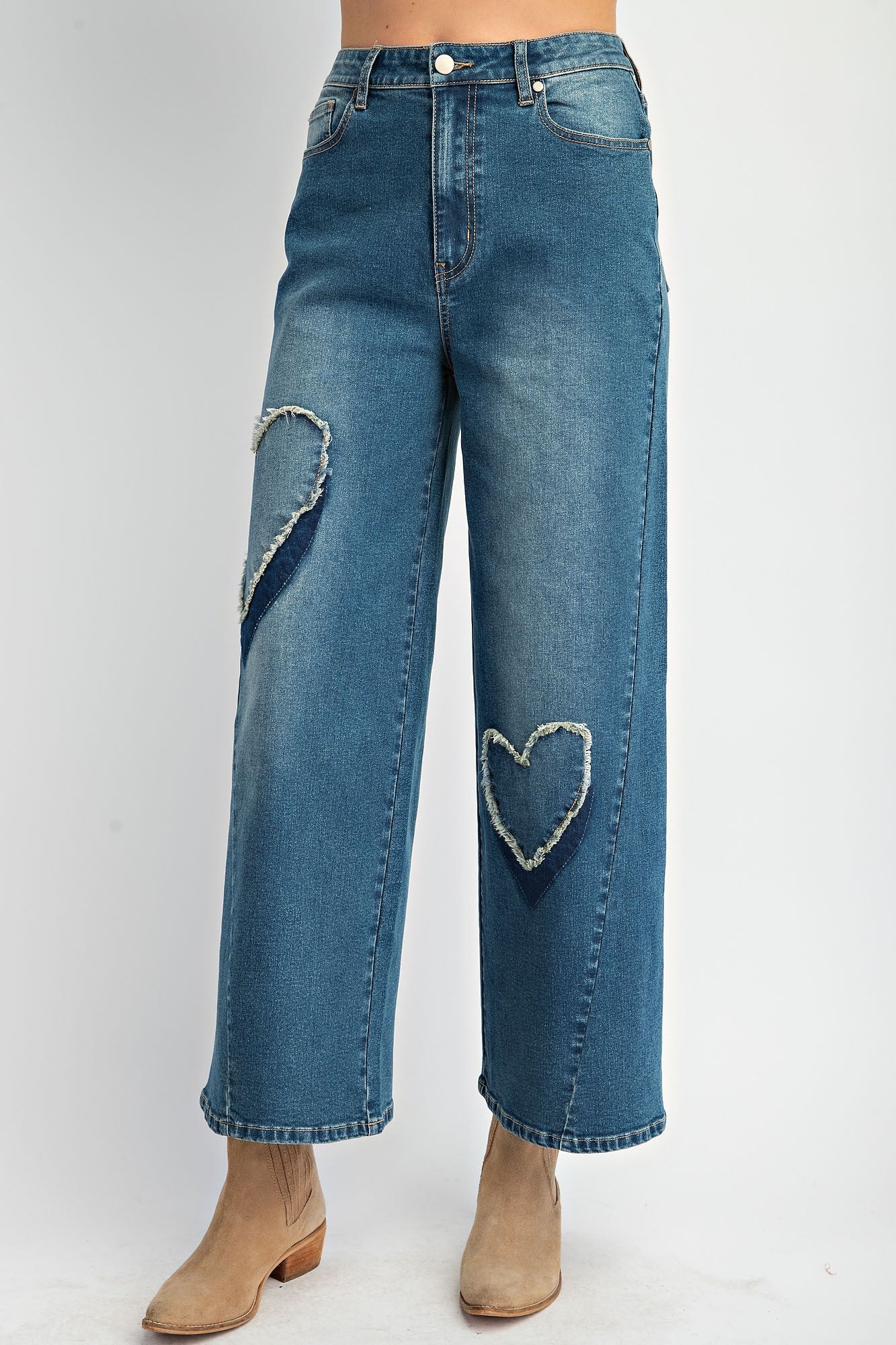 Heart Patch Washed Stretch Denim Pants-Mesadic