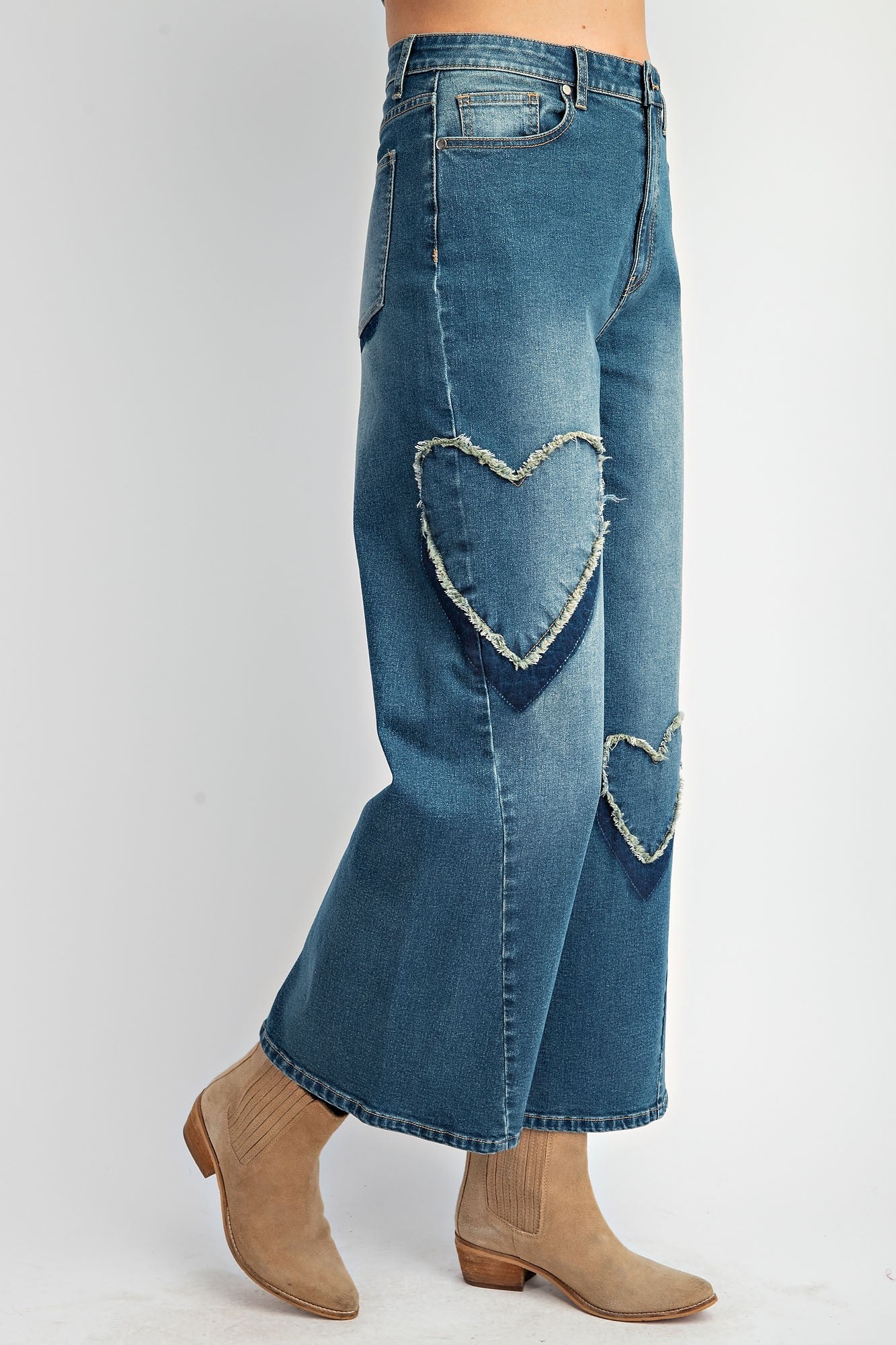 Heart Patch Washed Stretch Denim Pants-Mesadic