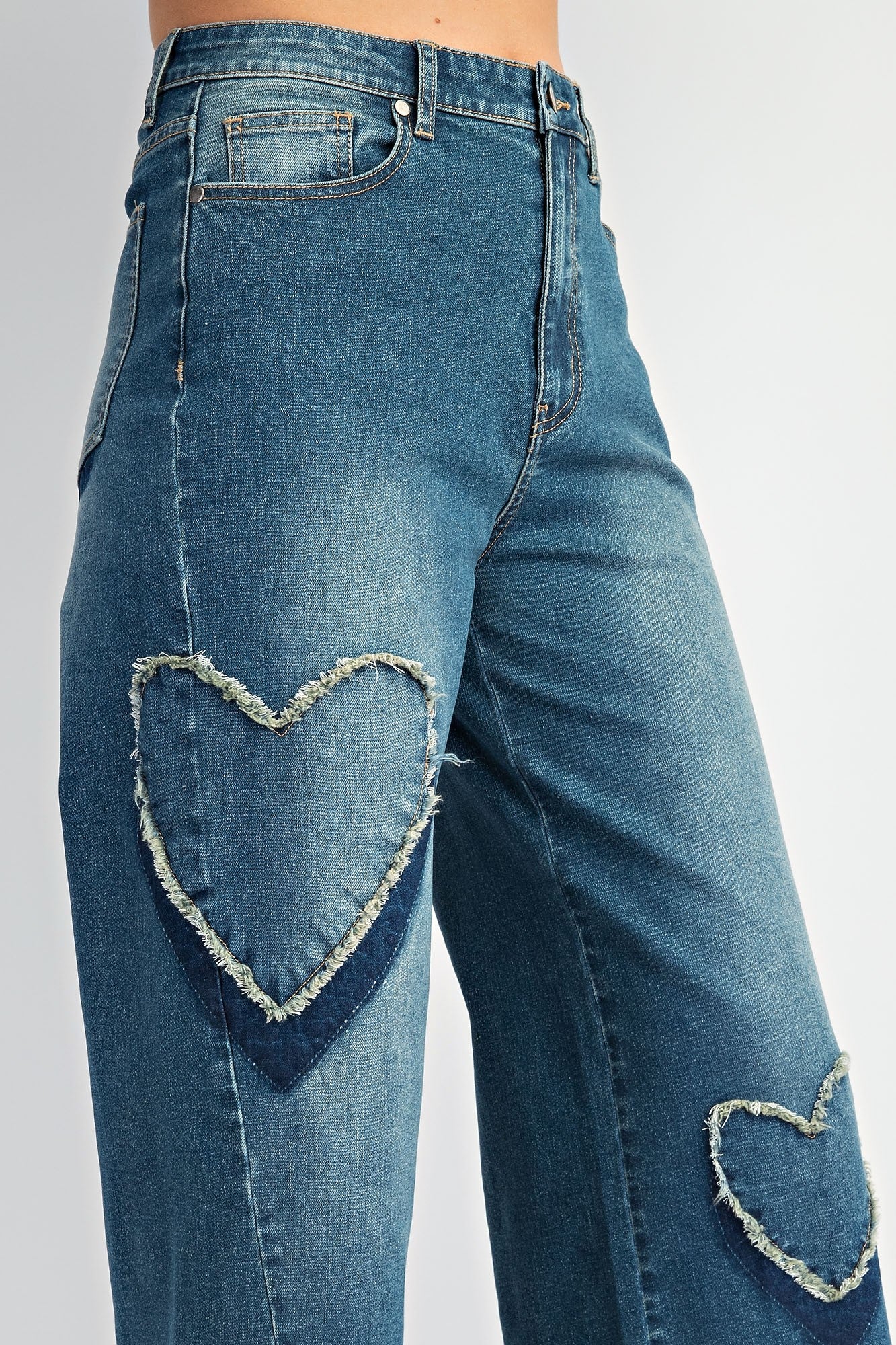 Heart Patch Washed Stretch Denim Pants-Mesadic
