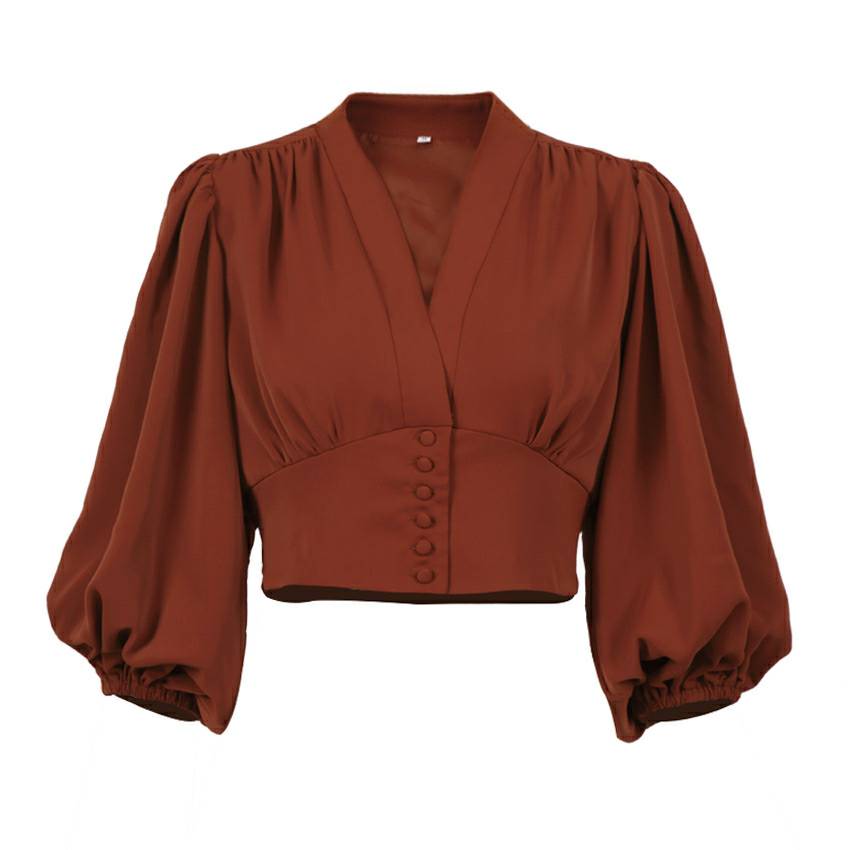V Neck Puff Long Sleeve Corset Top-CALLISTARI