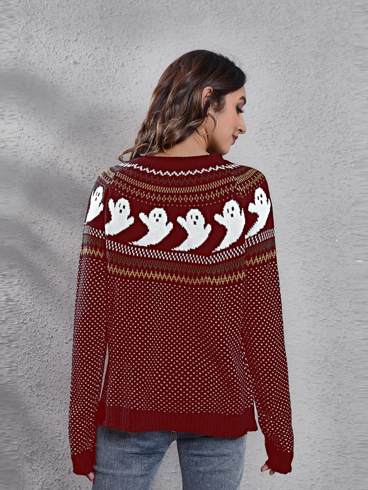 Literary Retro Ghost Pattern  Round Neck Knitted Sweater-CALLISTARI