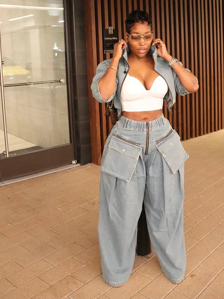 Vintage Wide-Leg Denim Two-Piece-Mesadic