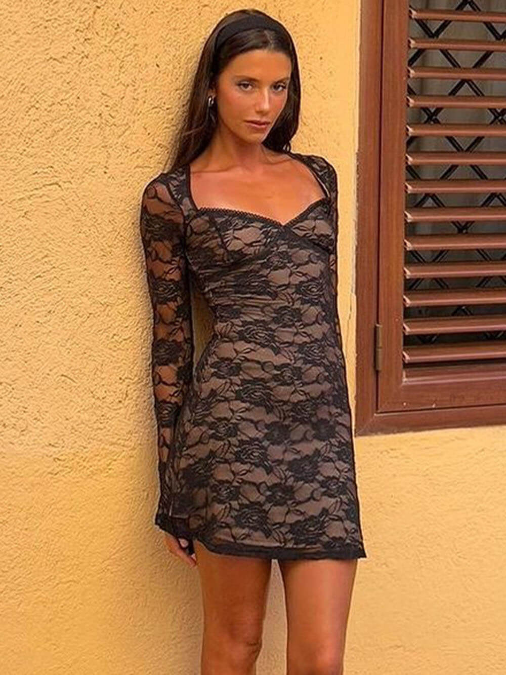 Lace Print U Neck Long Sleeve Mini Dress-CALLISTARI