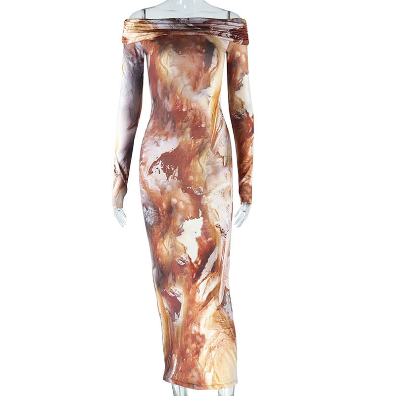 Off-Shoulder Abstract Print Layered Bodycon Maxi Dress-CALLISTARI