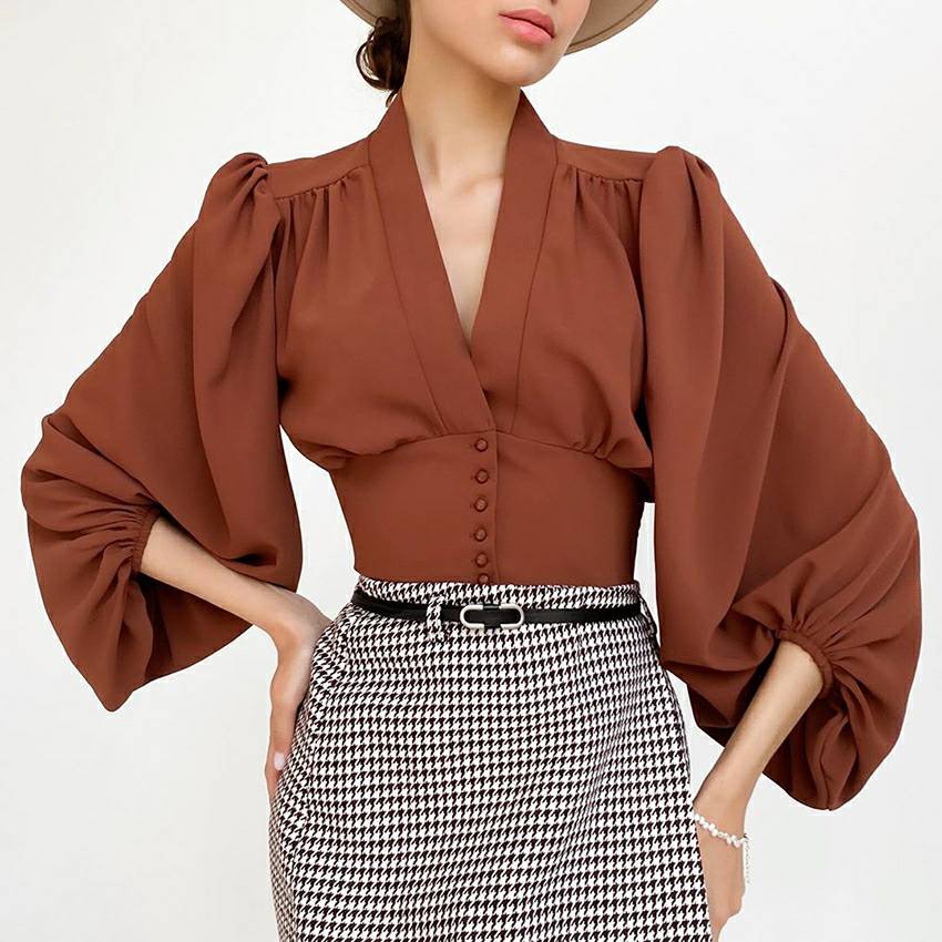 V Neck Puff Long Sleeve Corset Top-CALLISTARI