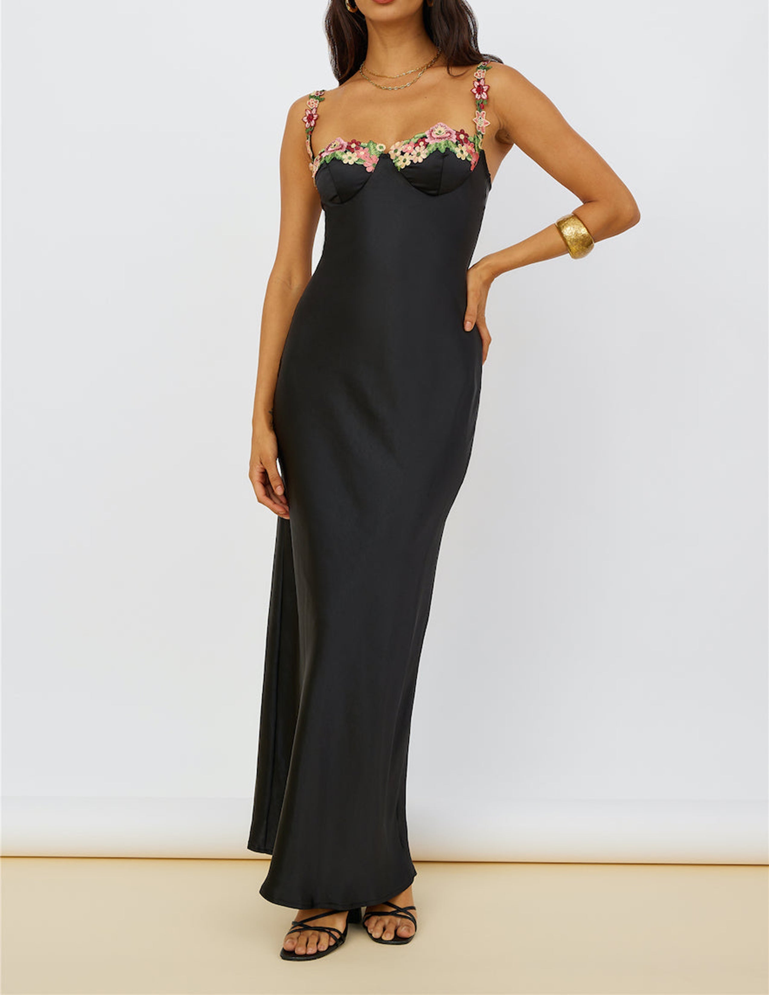 Magnetic Forces Flower Embroidery Maxi Dress Black-CALLISTARI