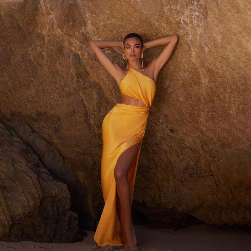 Anya One-Shoulder Silk Satin Maxi Dress-CALLISTARI