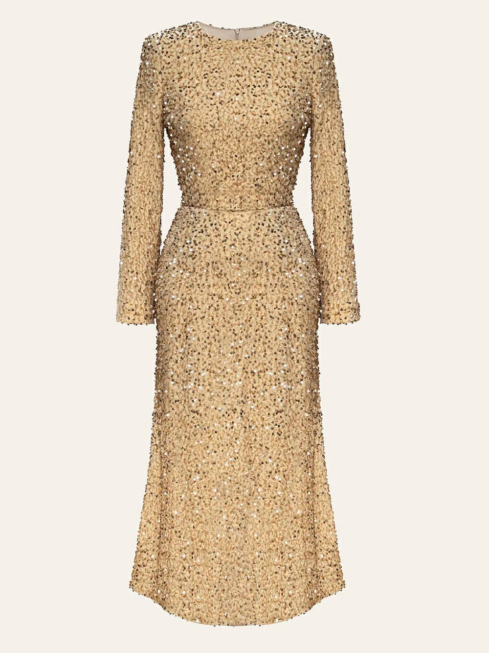 Sequin Decorated Velvet Midi Dress In Beige-CALLISTARI