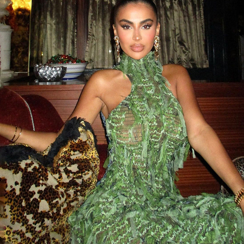SORA Shaggy Green Halter Midi Dress-CALLISTARI