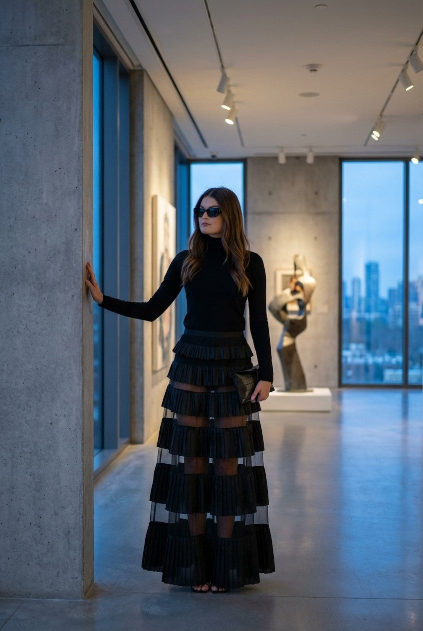 Pleated Sheer Mesh Maxi Skirt 