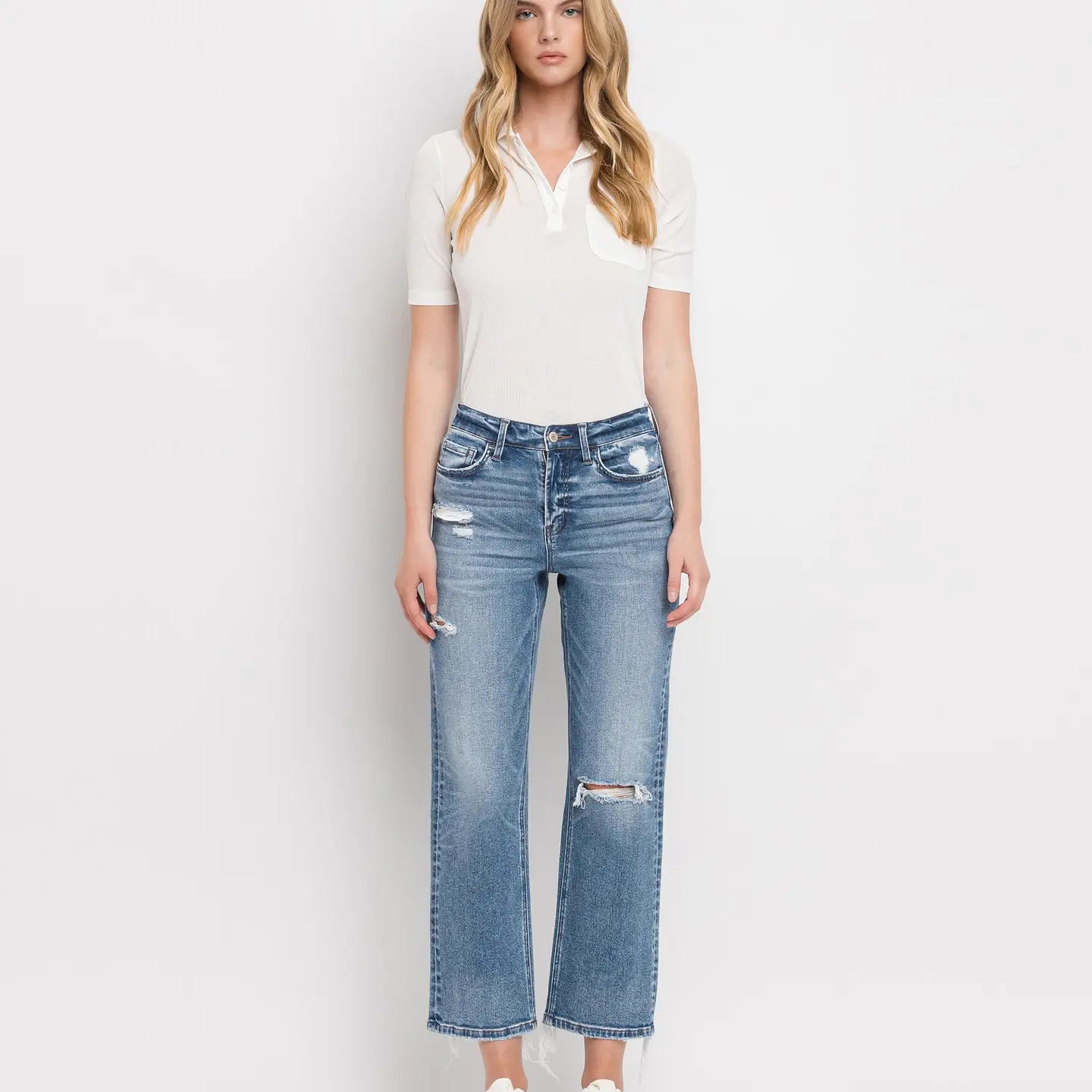 High Rise Distressed Hem Crop Straight Jeans-Mesadic