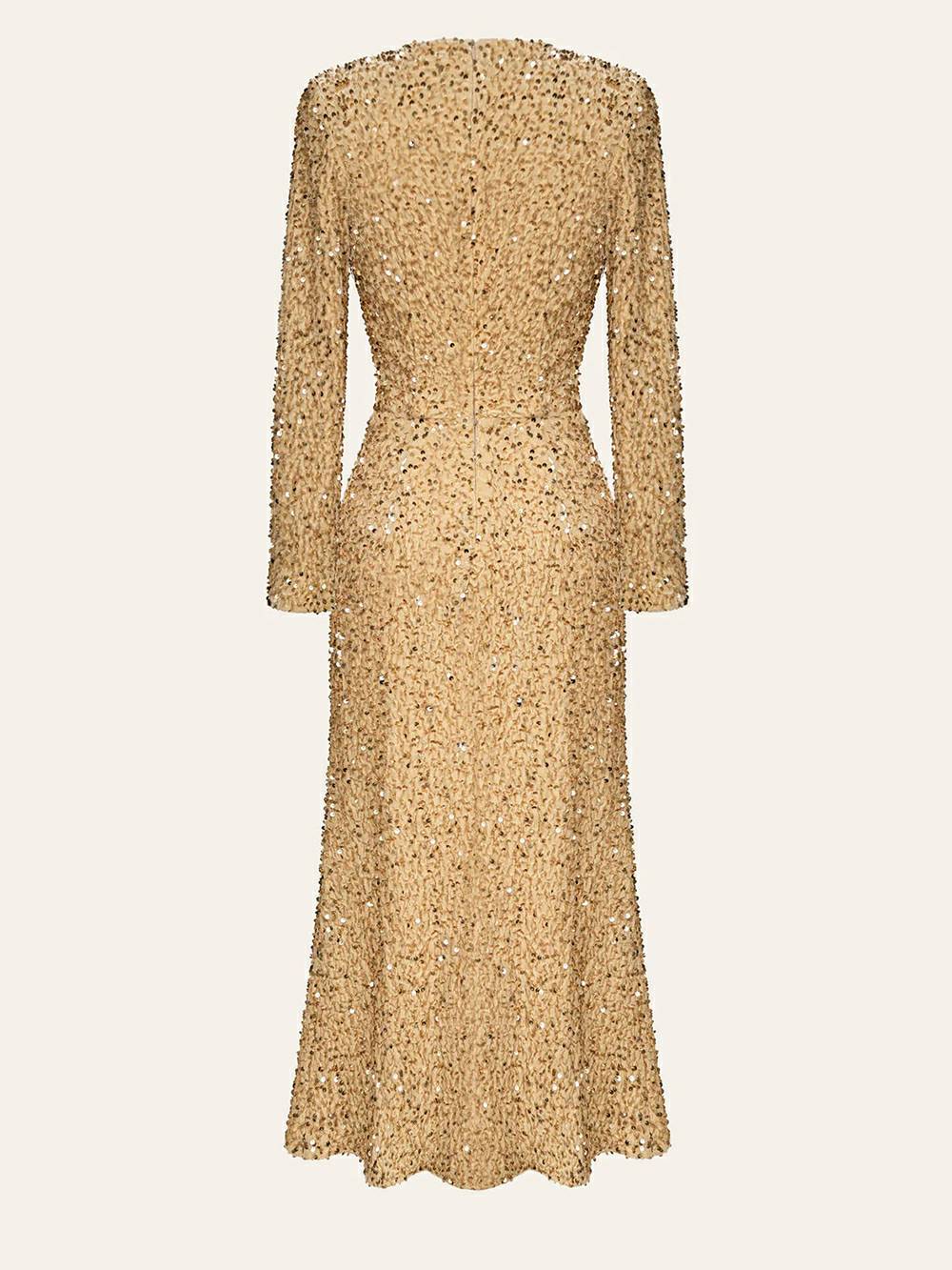 Sequin Decorated Velvet Midi Dress In Beige-CALLISTARI