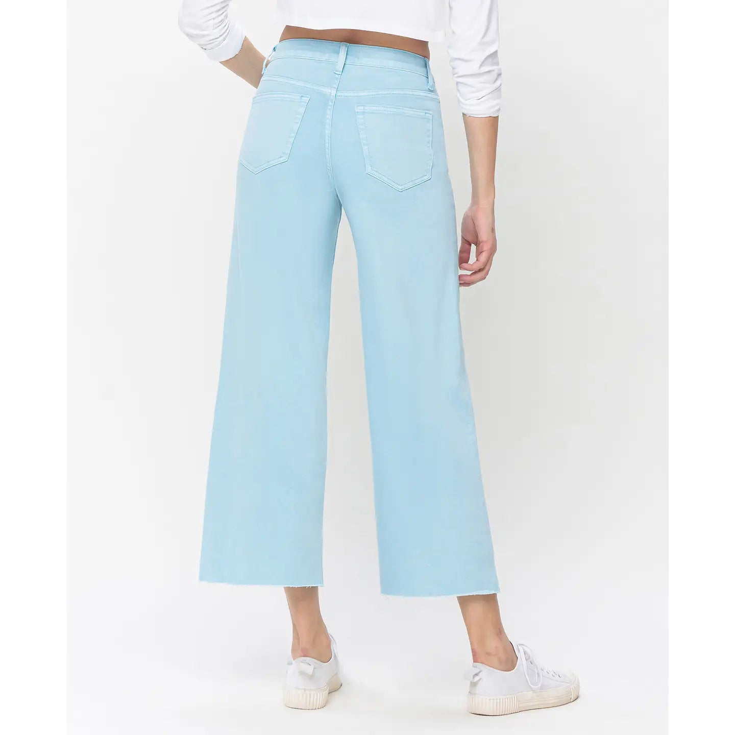 High Rise Clean Cut Raw Hem Wide Leg Jeans - Pastel Turquoise-Mesadic