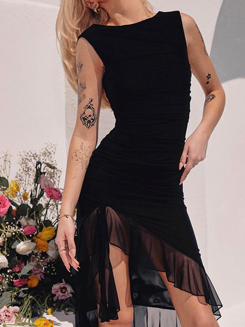 Women's Round Neck Sleeveless Waist Irregular Mesh Dress-CALLISTARI
