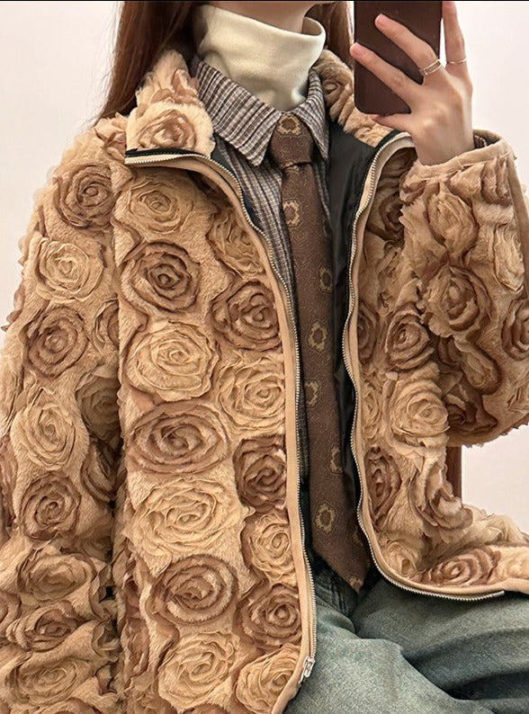 Spring Flower designer original national style rose lamb velvet jacket for women-Mesadic