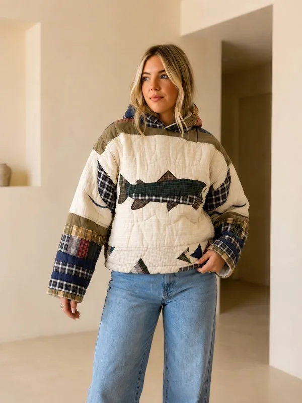 Patchwork Fish Applique Quilted Hooded Jacket